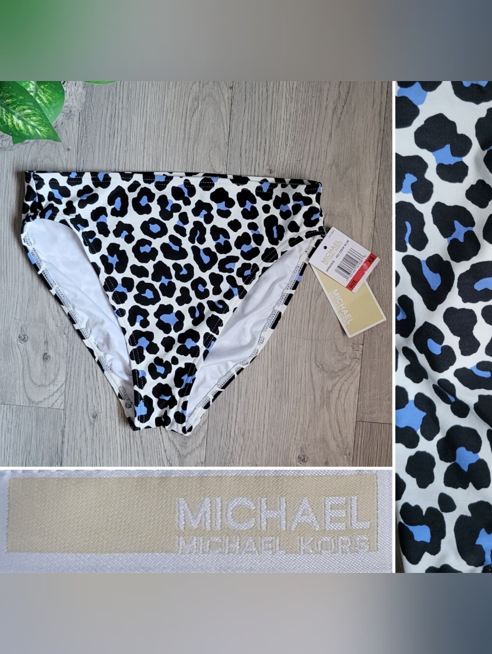 Michael Kors NWT Oasis Crew Blue Leopard High-Waist Swimsuit Bikini Bottoms, XS